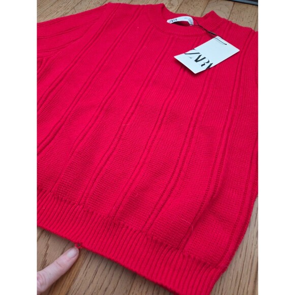 Zara Women's Cropped Knit Red Sweater Short Sleeve Top Large New With Tag - Picture 2 of 5